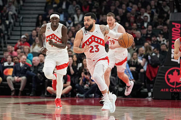 Feb 28, 2023; Toronto, Ontario, CAN; Toronto Raptors guard Fred VanVleet (23) dribbles up court against the Chicago Bulls during the first half at Scotiabank Arena. Mandatory Credit: John E. Sokolowski-USA TODAY Sports